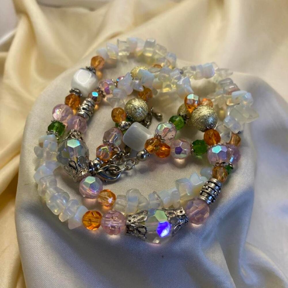 Artisan Opalite Crystal Necklace Iridescent Pastel Beads Silver Tone Boho
